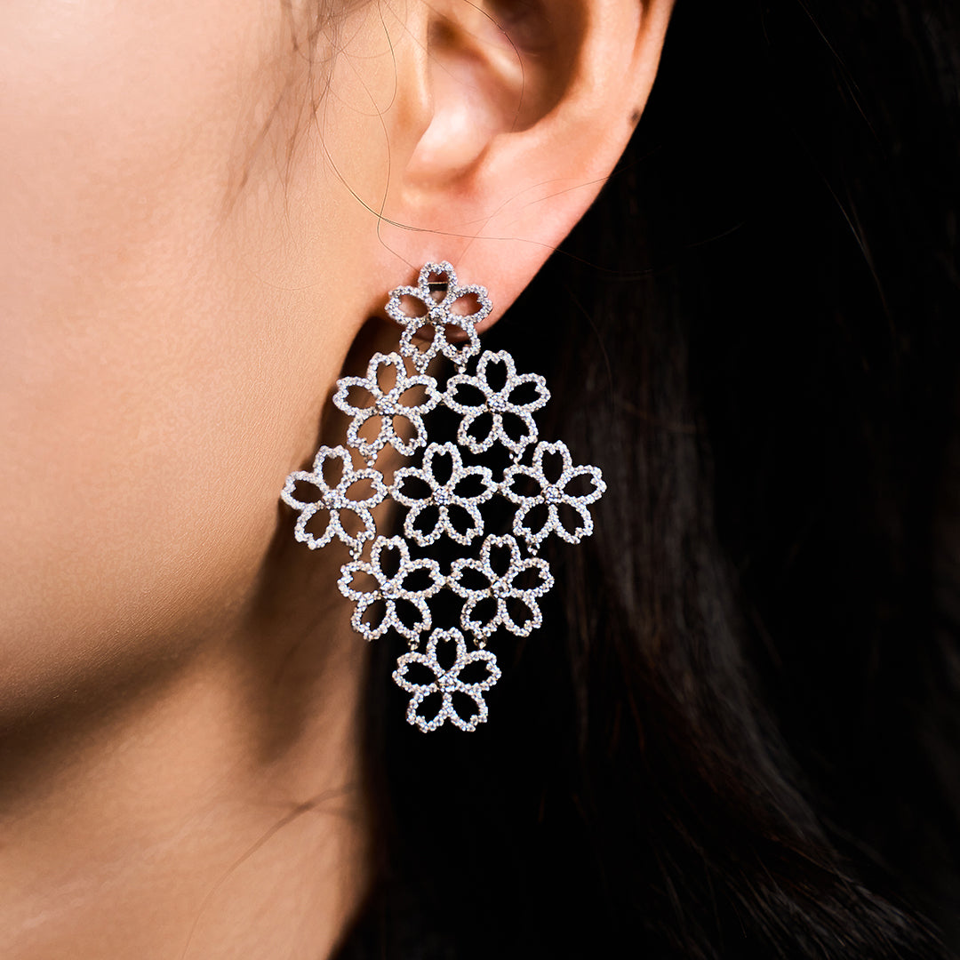 Cherry Blossom Cascade 9-Flower Sakura Zirconia Silver Earrings (Platinum Plated) - BLACK BY BLUE BRAVE
