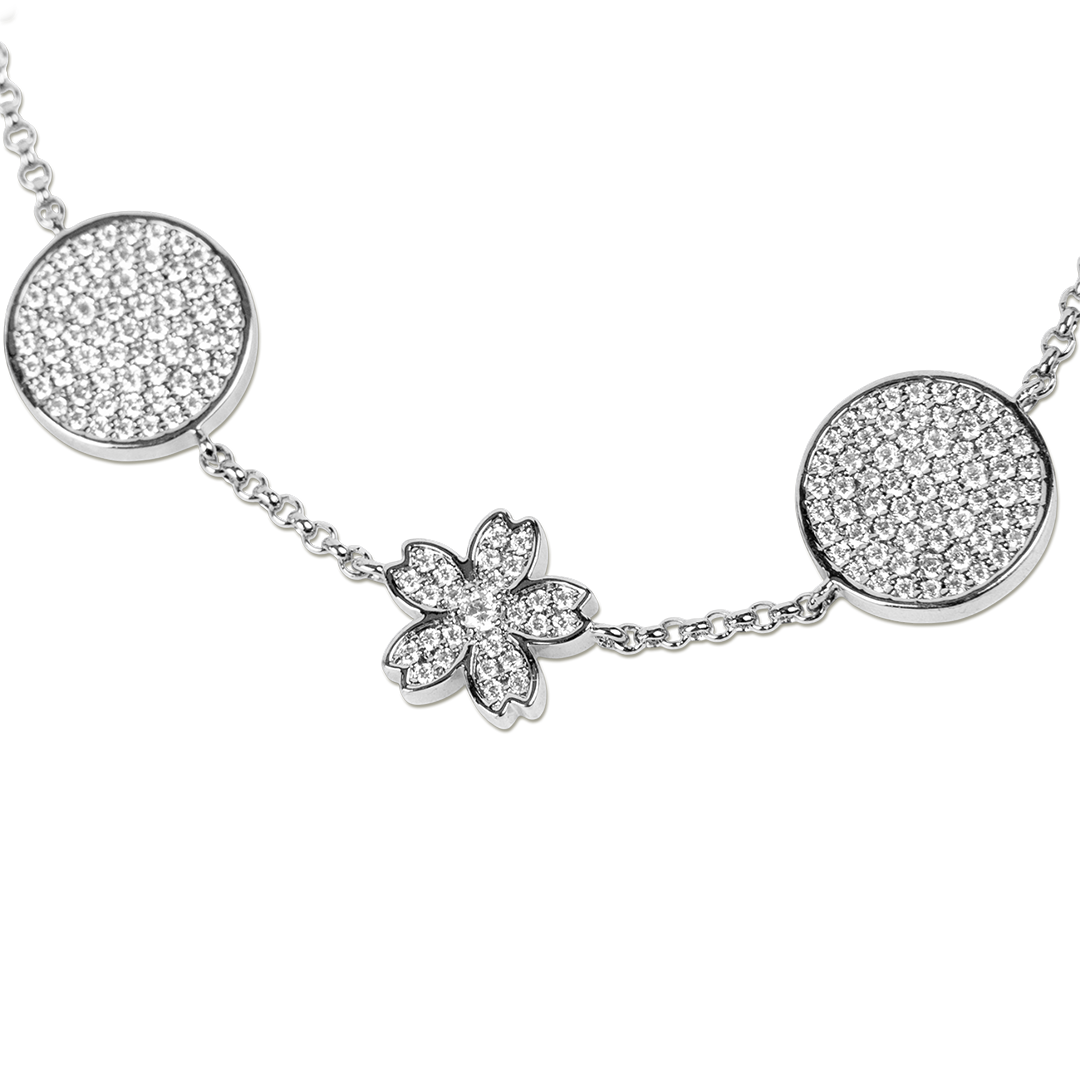 Cherry Blossom Symphony Pavé 7-Flower Zirconia Silver Station Bracelet (Platinum Plated) - BLACK BY BLUE BRAVE