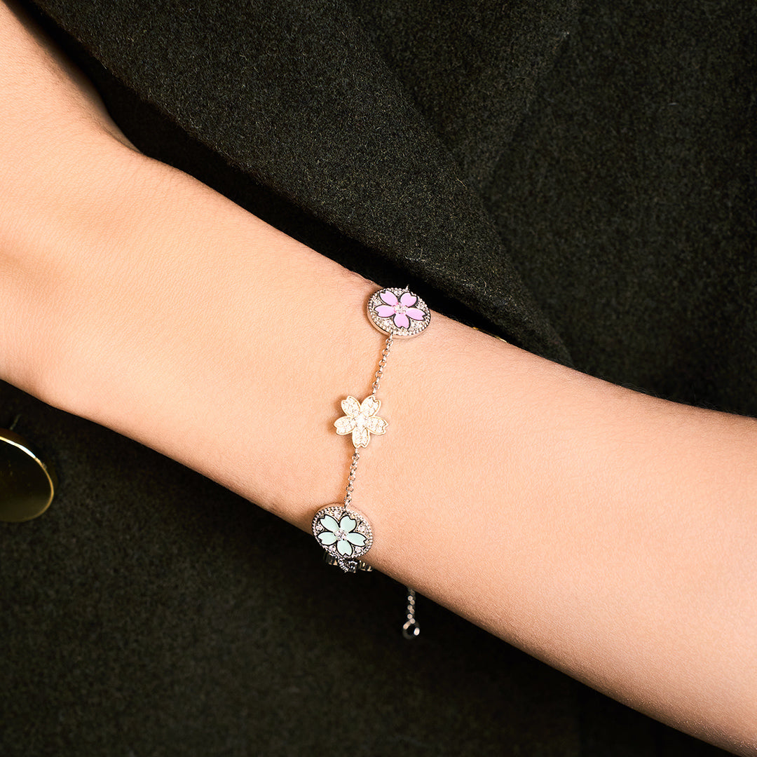 Cherry Blossom Symphony Enamel 7-Flower Silver Bracelet (Platinum Plated) - BLACK BY BLUE BRAVE