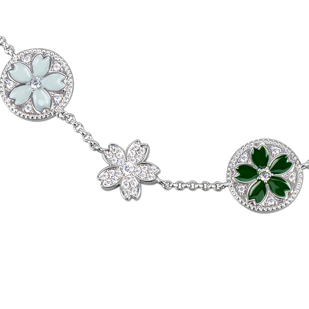 Cherry Blossom Symphony Enamel 7-Flower Silver Bracelet (Platinum Plated) - BLACK BY BLUE BRAVE