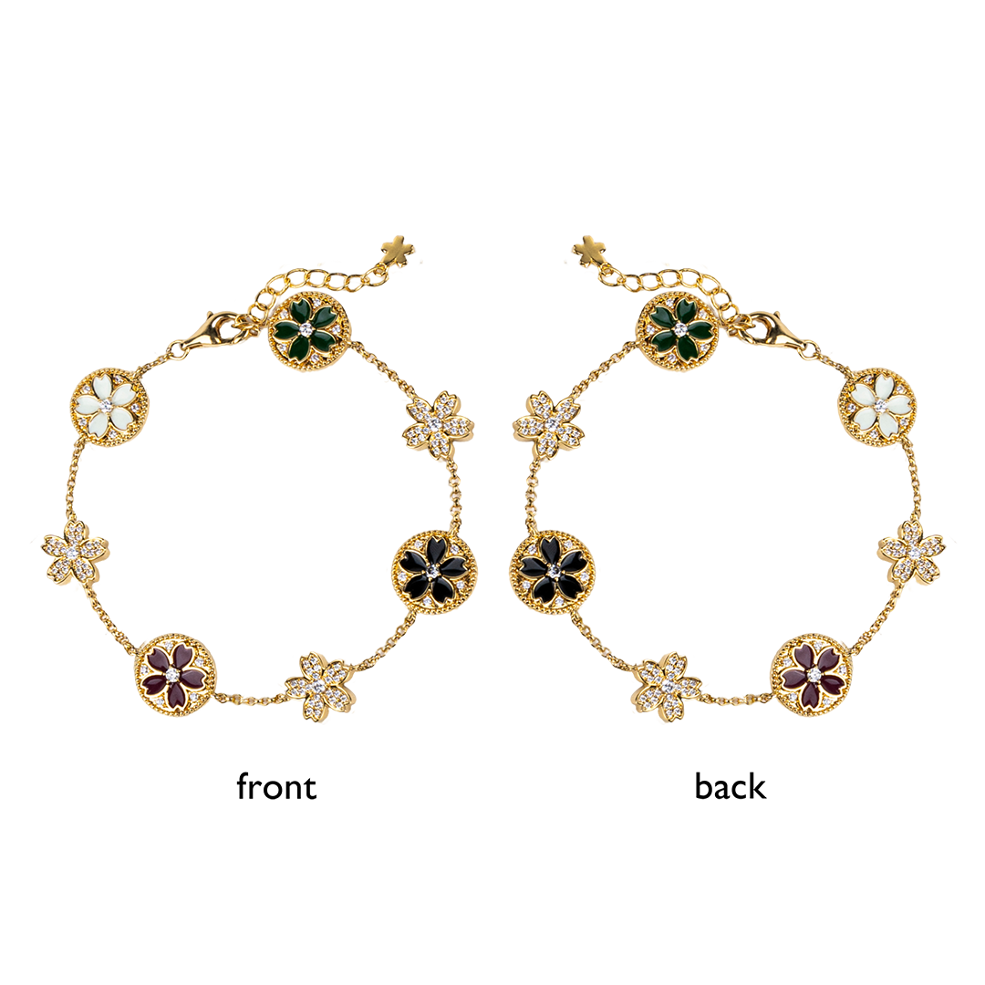 Cherry Blossom Symphony Enamel 7-Flower Gold Bracelet (18K Gold Plated) - BLACK BY BLUE BRAVE