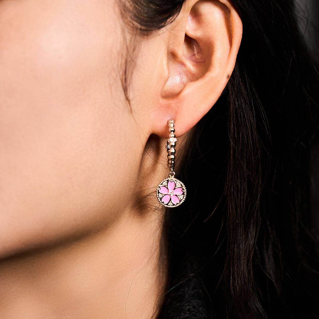 Cherry Blossom Symphony Pink & Blue Enamel Silver Earrings (Platinum Plated) - BLACK BY BLUE BRAVE