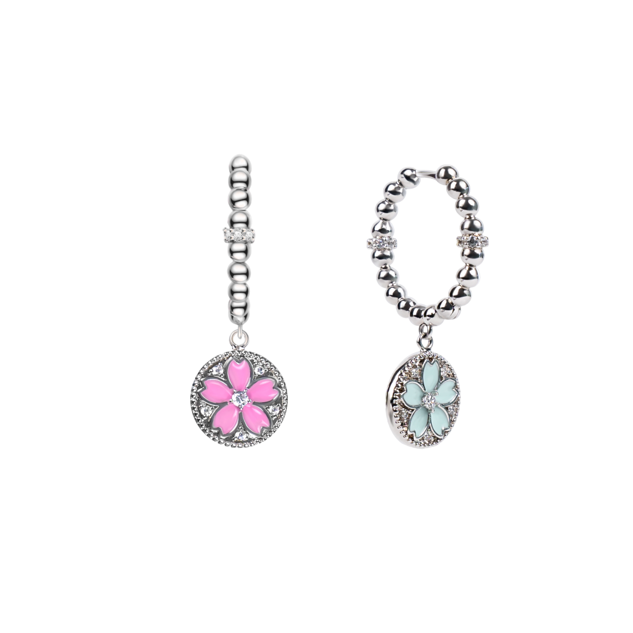 Cherry Blossom Symphony Pink & Blue Enamel Silver Earrings (Platinum Plated) - BLACK BY BLUE BRAVE