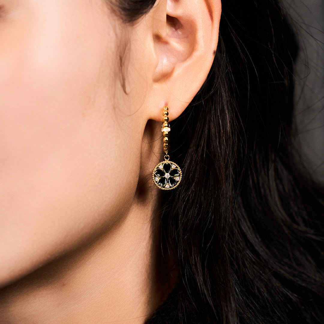 Cherry Blossom Symphony Green & Black Enamel Gold Earrings (18K Gold Plated) - BLACK BY BLUE BRAVE