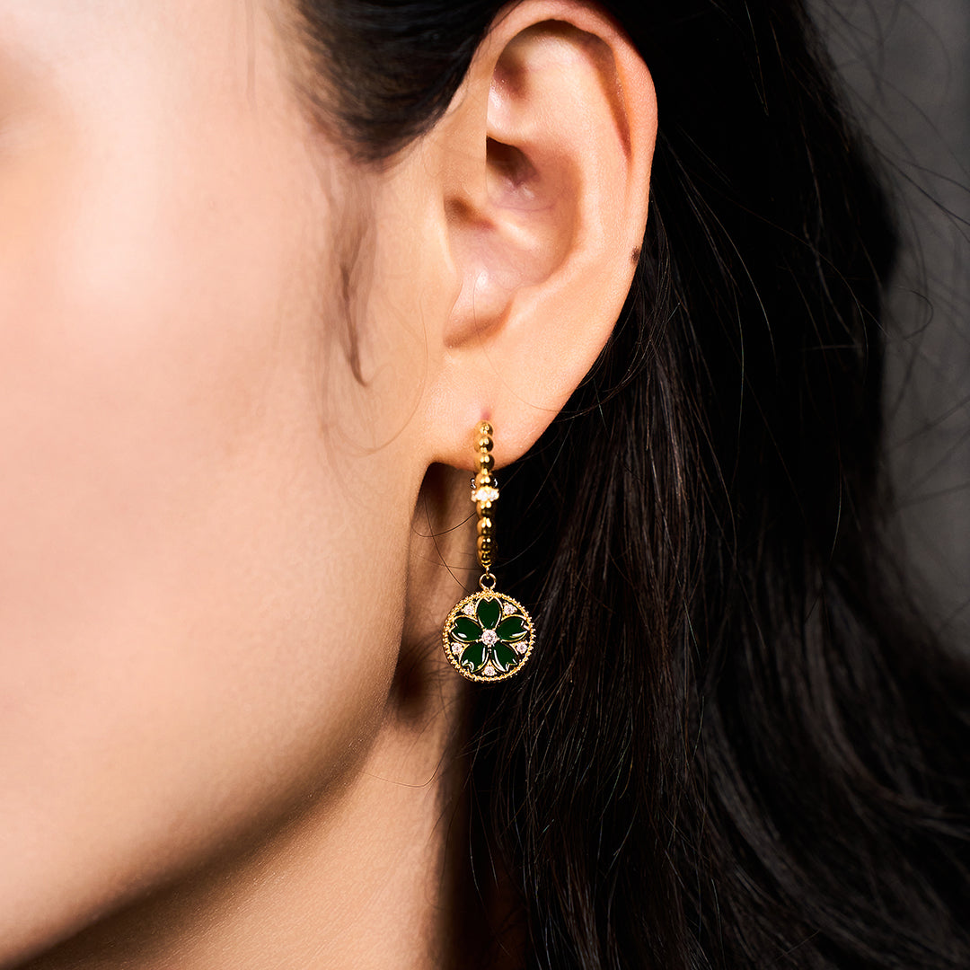Cherry Blossom Symphony Green & Black Enamel Gold Earrings (18K Gold Plated) - BLACK BY BLUE BRAVE