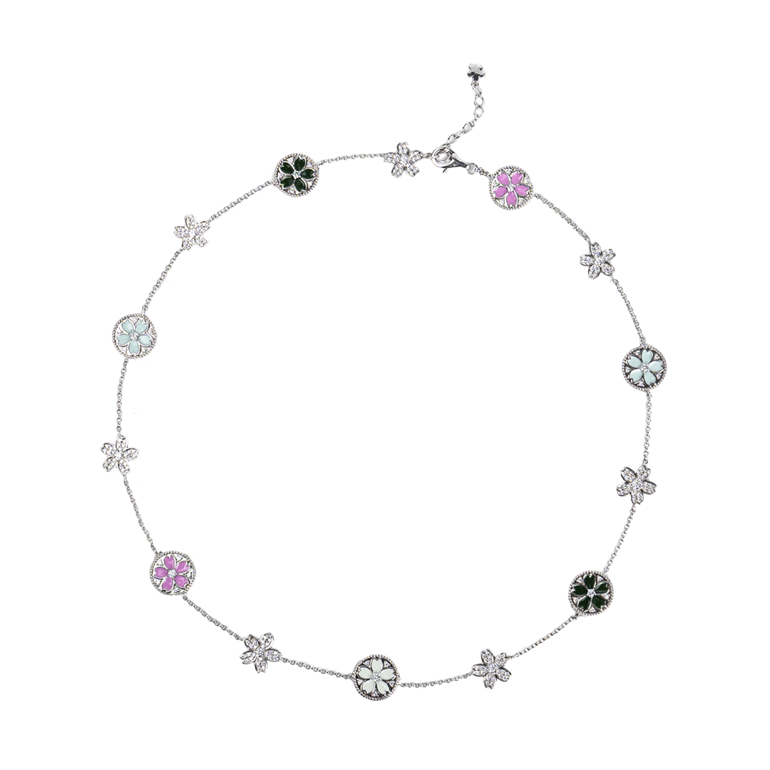 Cherry Blossom Symphony Enamel 14-Flower Sakura Silver Necklace (Platinum Plating) - BLACK BY BLUE BRAVE