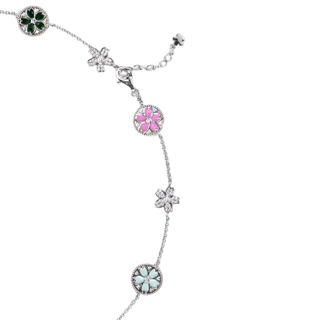 Cherry Blossom Symphony Enamel 14-Flower Sakura Silver Necklace (Platinum Plating) - BLACK BY BLUE BRAVE