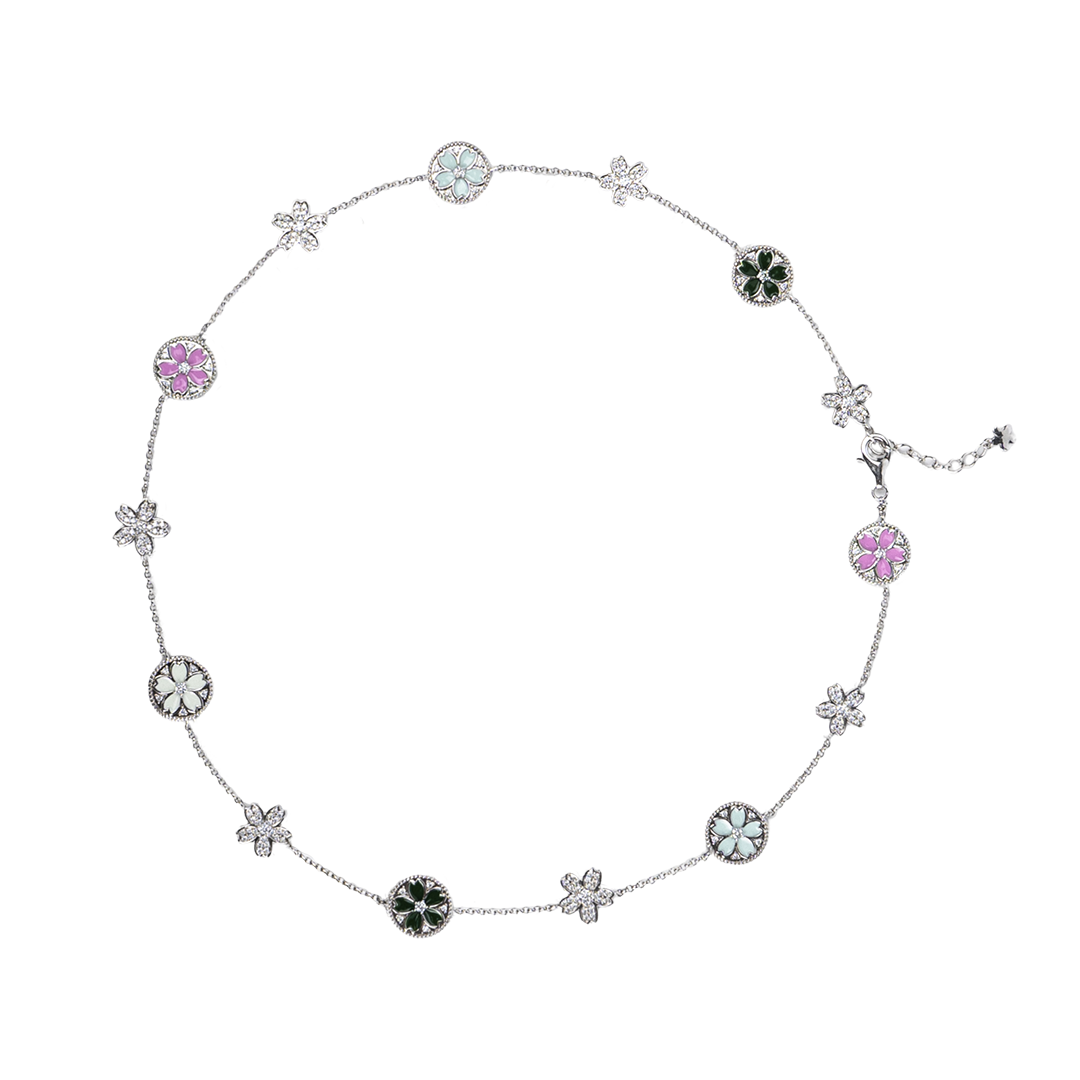 Cherry Blossom Symphony Enamel 14-Flower Sakura Silver Necklace (Platinum Plating) - BLACK BY BLUE BRAVE