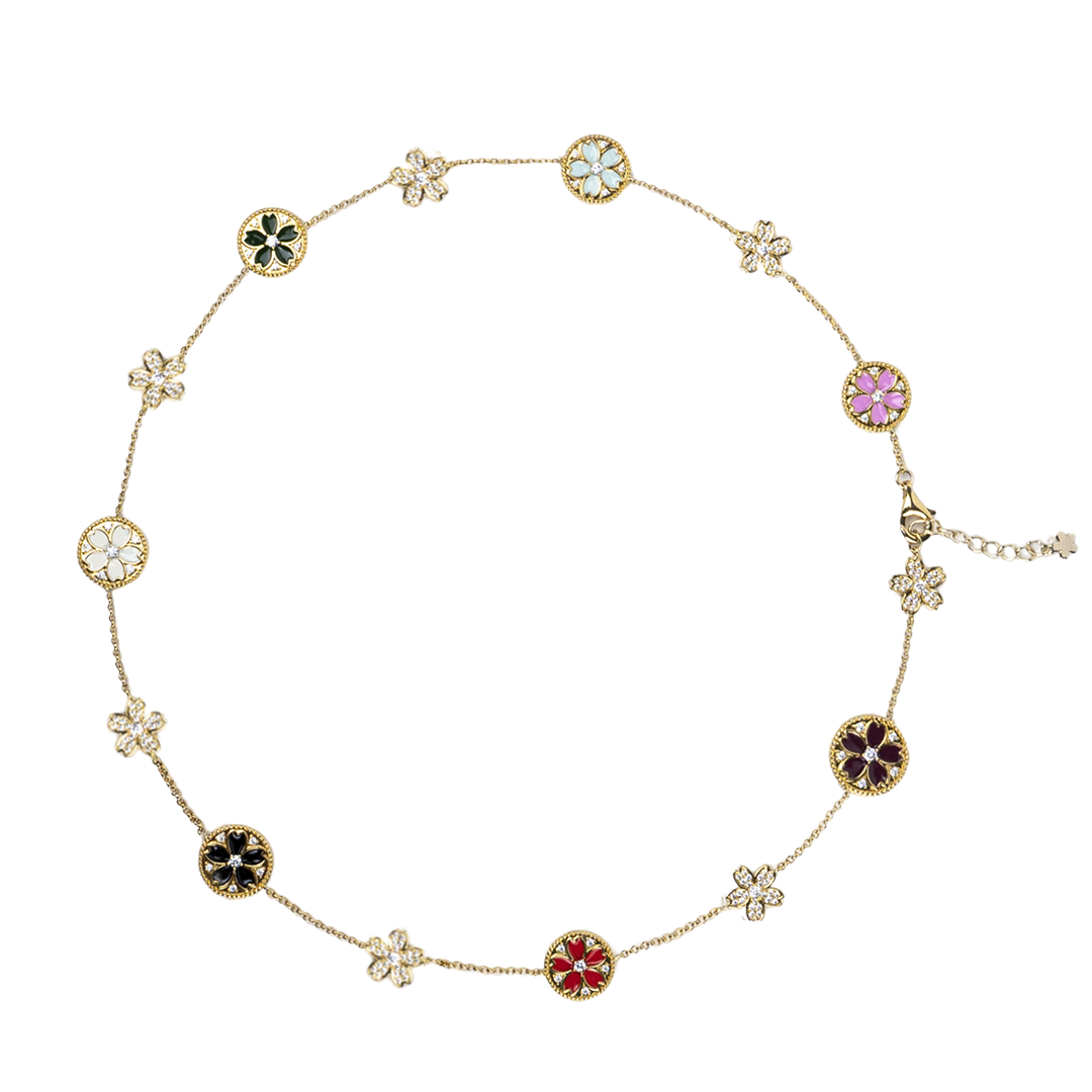 Cherry Blossom Symphony Enamel 14-Flower Sakura Gold Necklace (18K Gold Plated) - BLACK BY BLUE BRAVE