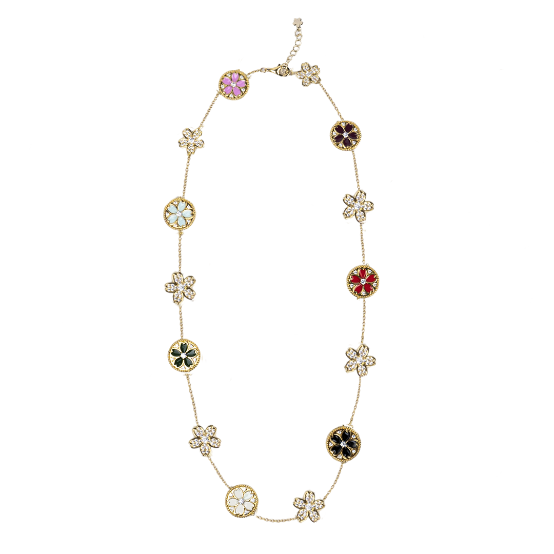 Cherry Blossom Symphony Enamel 14-Flower Sakura Gold Necklace (18K Gold Plated) - BLACK BY BLUE BRAVE