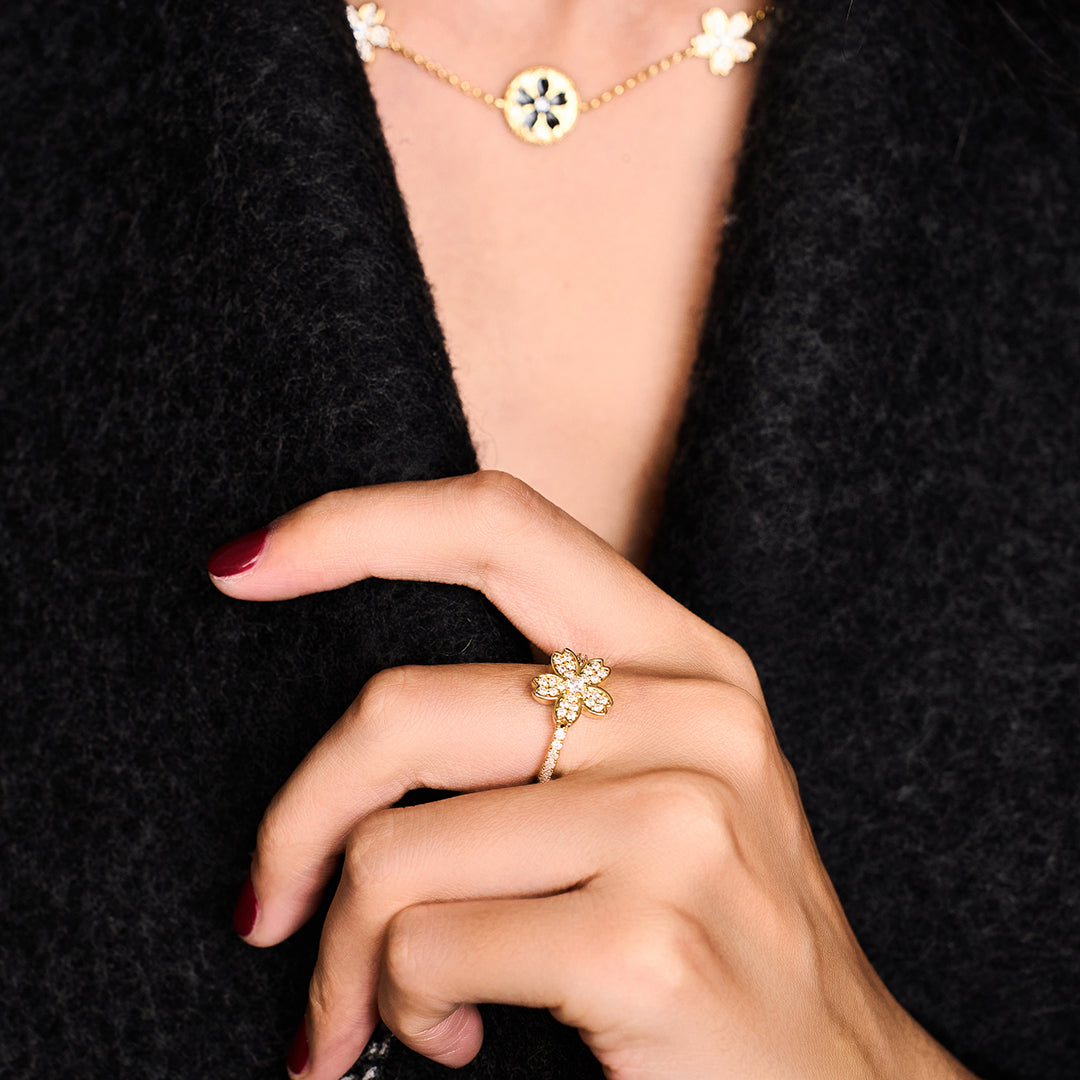 Cherry Blossom Symphony Flower Gold Adjustable Ring (18K Gold Plated) - BLACK BY BLUE BRAVE