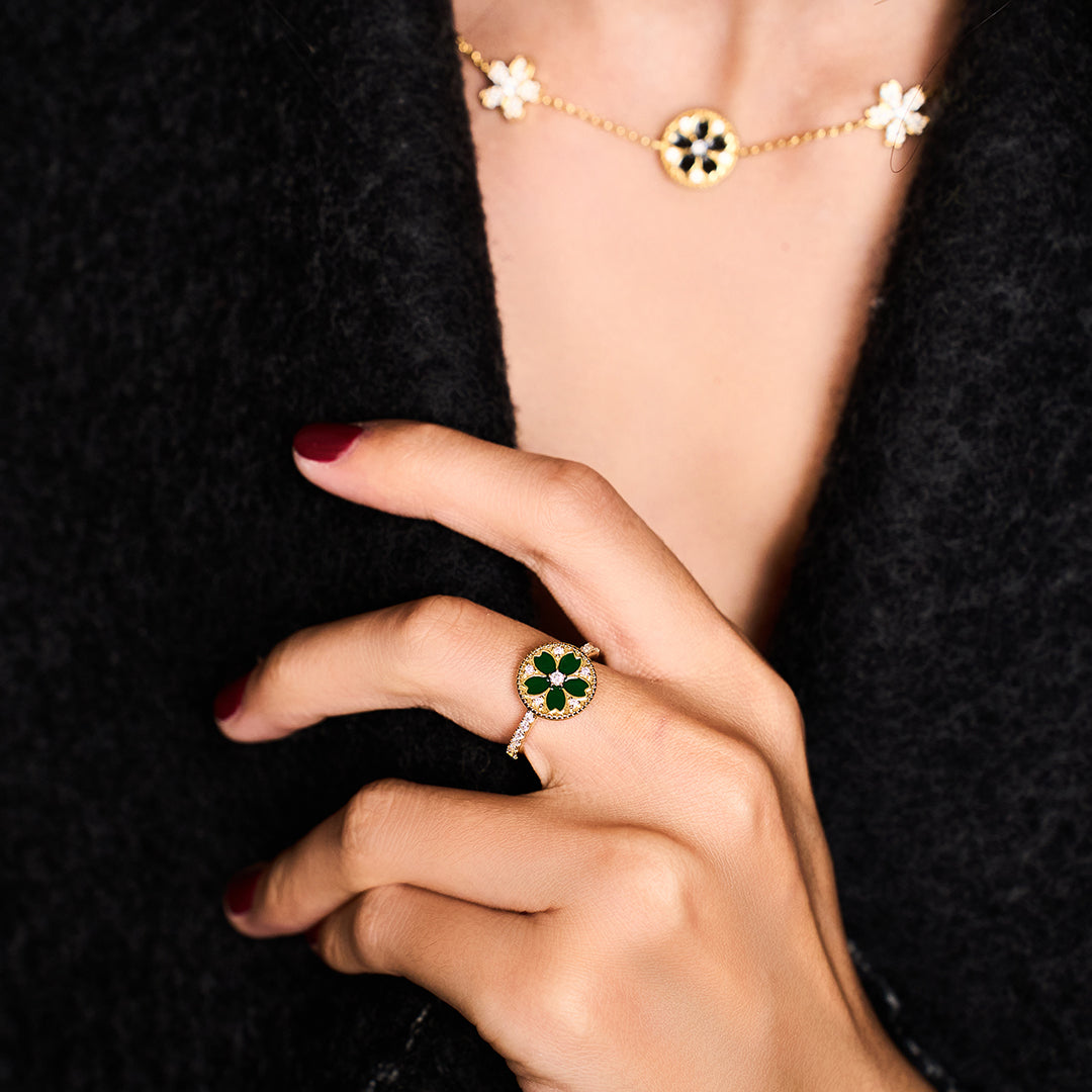 Cherry Blossom Symphony Green Enamel Sakura Adjustable Ring (18K Gold Plated) - BLACK BY BLUE BRAVE
