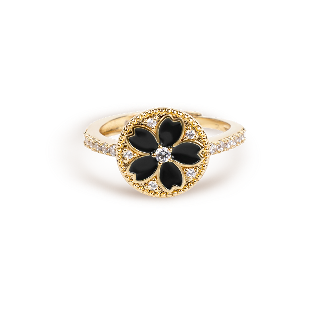 Cherry Blossom Symphony Black Enamel Sakura Adjustable Ring (18K Gold Plated) - BLACK BY BLUE BRAVE