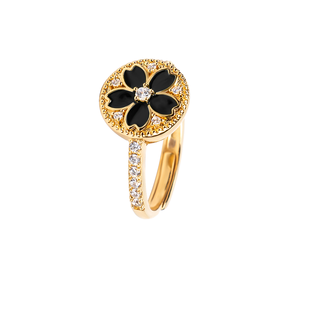 Cherry Blossom Symphony Black Enamel Sakura Adjustable Ring (18K Gold Plated) - BLACK BY BLUE BRAVE