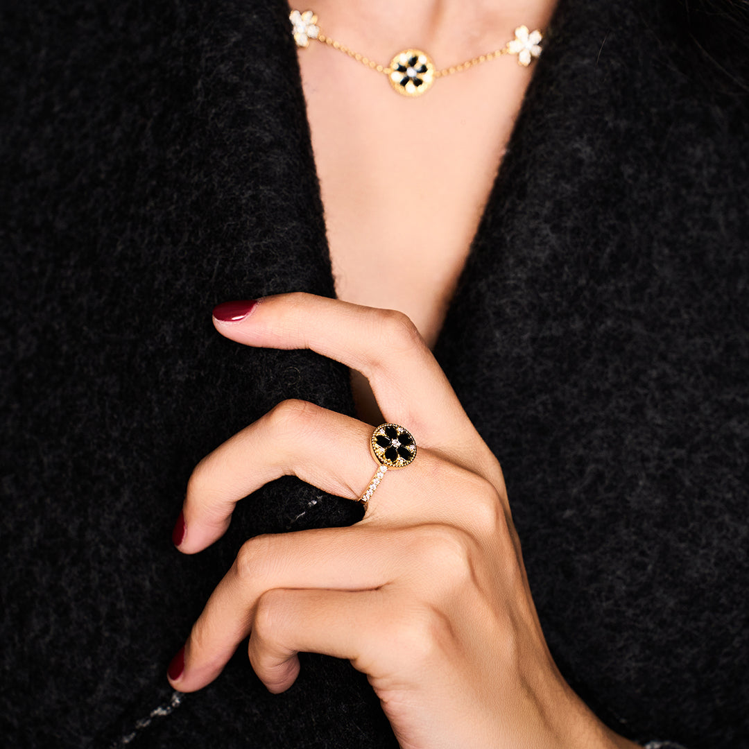 Cherry Blossom Symphony Black Enamel Sakura Adjustable Ring (18K Gold Plated) - BLACK BY BLUE BRAVE