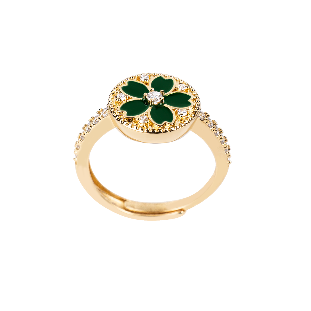 Cherry Blossom Symphony Green Enamel Sakura Adjustable Ring (18K Gold Plated) - BLACK BY BLUE BRAVE