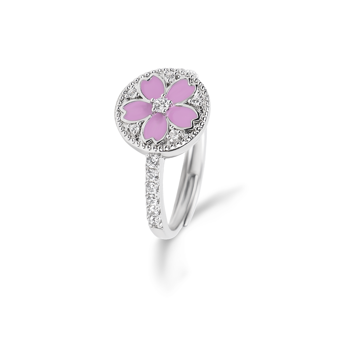 Cherry Blossom Symphony Pink Enamel Sakura Adjustable Ring (Platinum Plated) - BLACK BY BLUE BRAVE