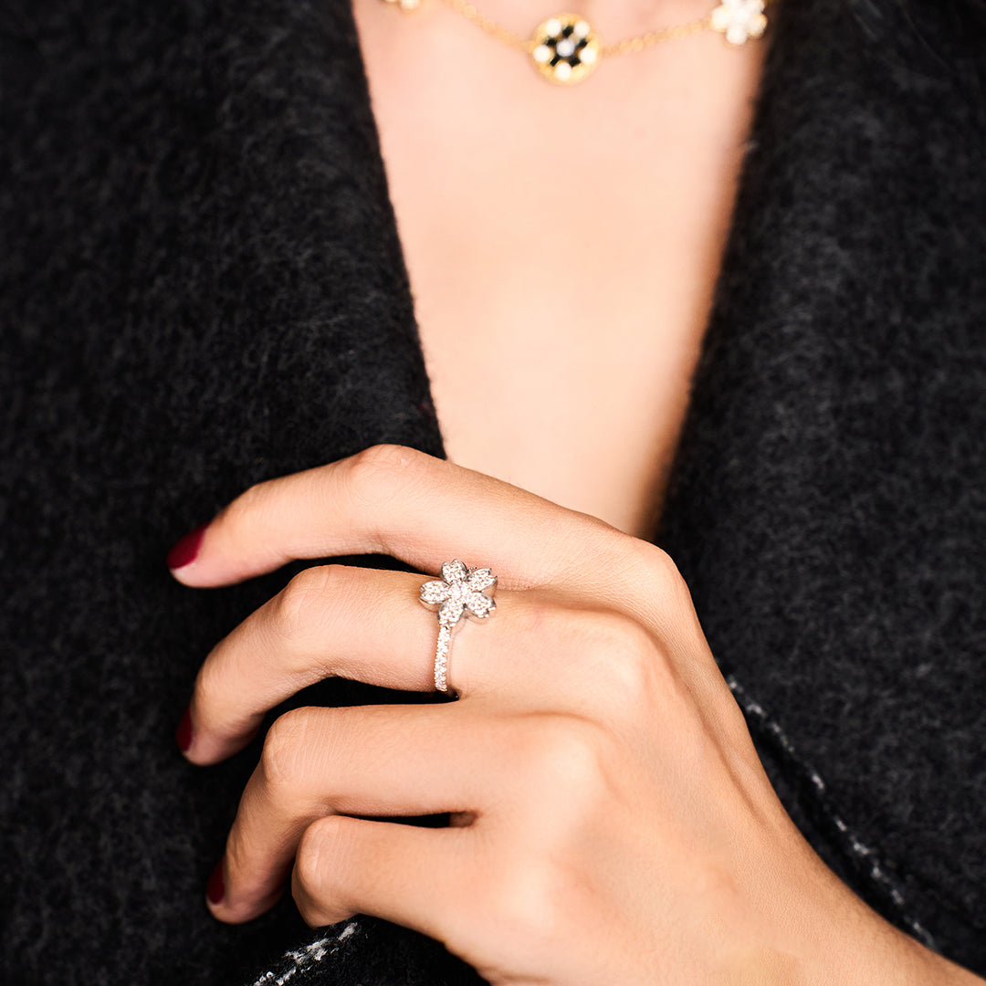 Cherry Blossom Symphony Sliver Sakura Adjustable Ring (Platinum Plated) - BLACK BY BLUE BRAVE