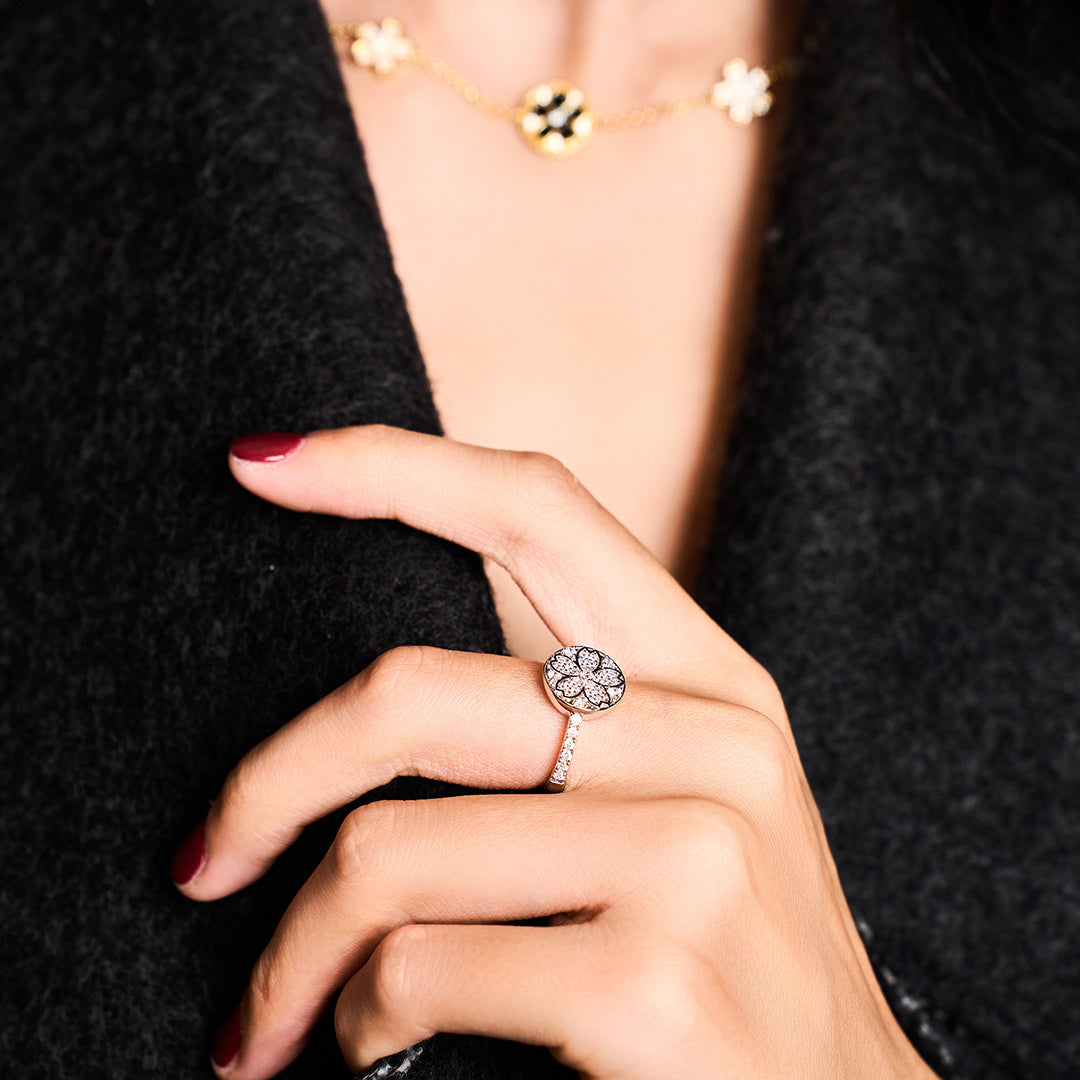 Cherry Blossom Symphony Pavé Sakura Sliver Adjustable Ring (Platinum Plated) - BLACK BY BLUE BRAVE