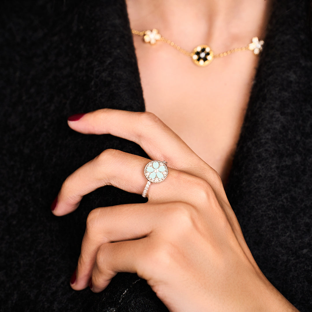 Cherry Blossom Symphony Blue Enamel Sakura Adjustable Ring (Platinum Plated) - BLACK BY BLUE BRAVE