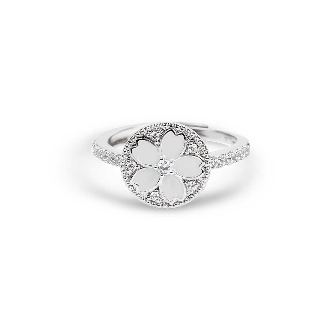 Cherry Blossom Symphony Champagne White Enamel Sakura Adjustable Ring (Platinum Plated) - BLACK BY BLUE BRAVE