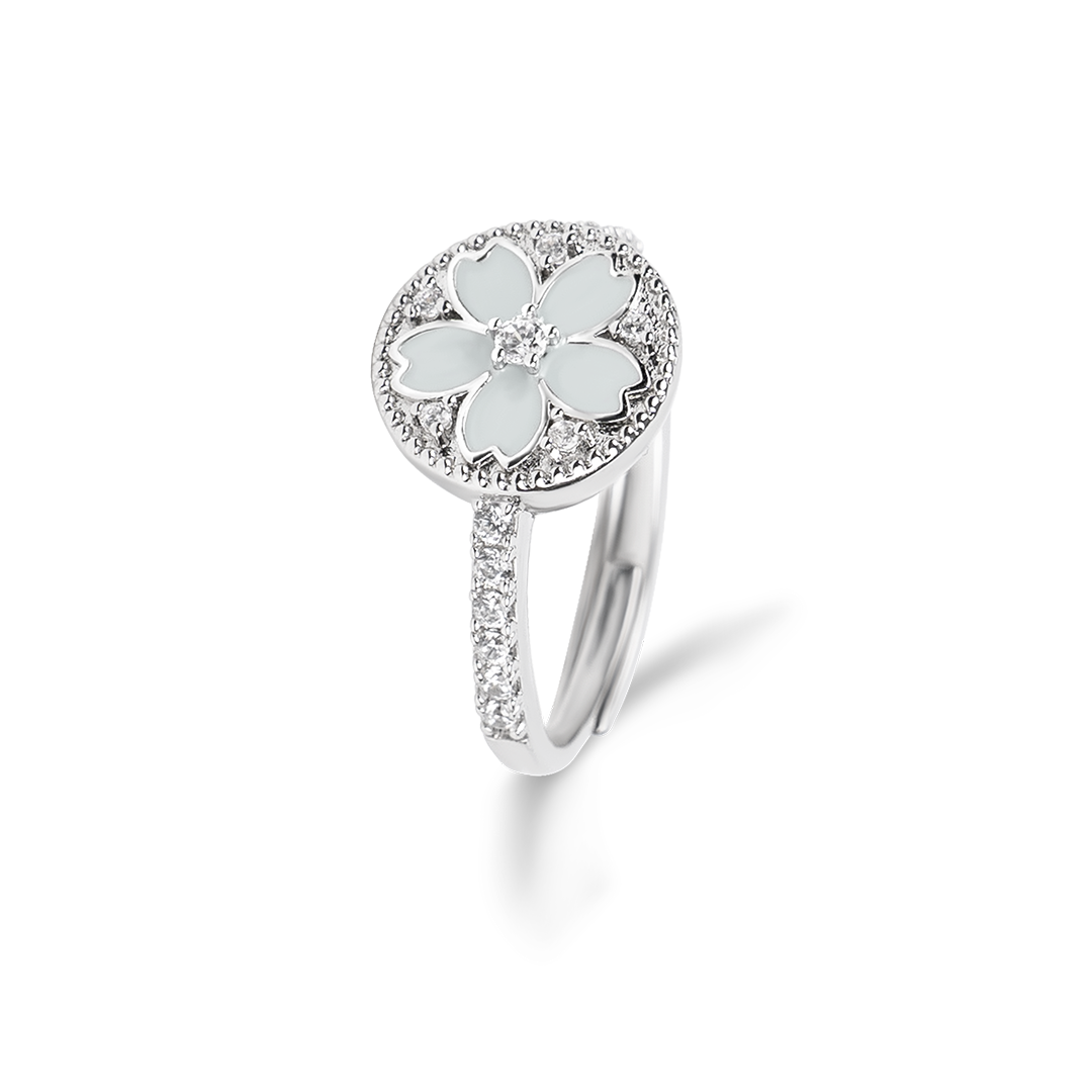 Cherry Blossom Symphony Champagne White Enamel Sakura Adjustable Ring (Platinum Plated) - BLACK BY BLUE BRAVE