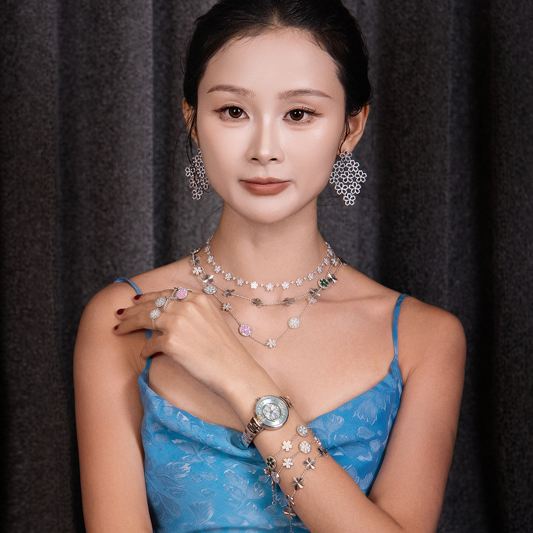 Cherry Blossom Symphony Enamel 7-Flower Silver Bracelet (Platinum Plated) - BLACK BY BLUE BRAVE