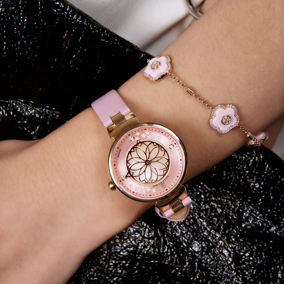 Cherry Blossom Pink Mother Of Pearl Dial Genuine Diamonds Sakura Petal Hand Leather Strap Watch - 4B11105 - wrist - Black By Blue Brave