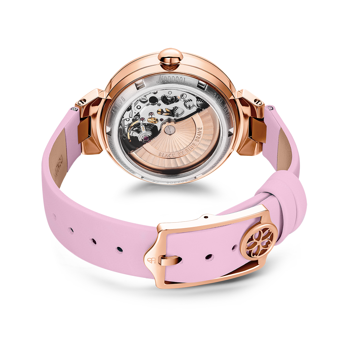Cherry Blossom 36mm Pink Mother Of Pearl Dial Leather Strap Automatic Watch - 4B1196 - Back side - Black By Blue Brave