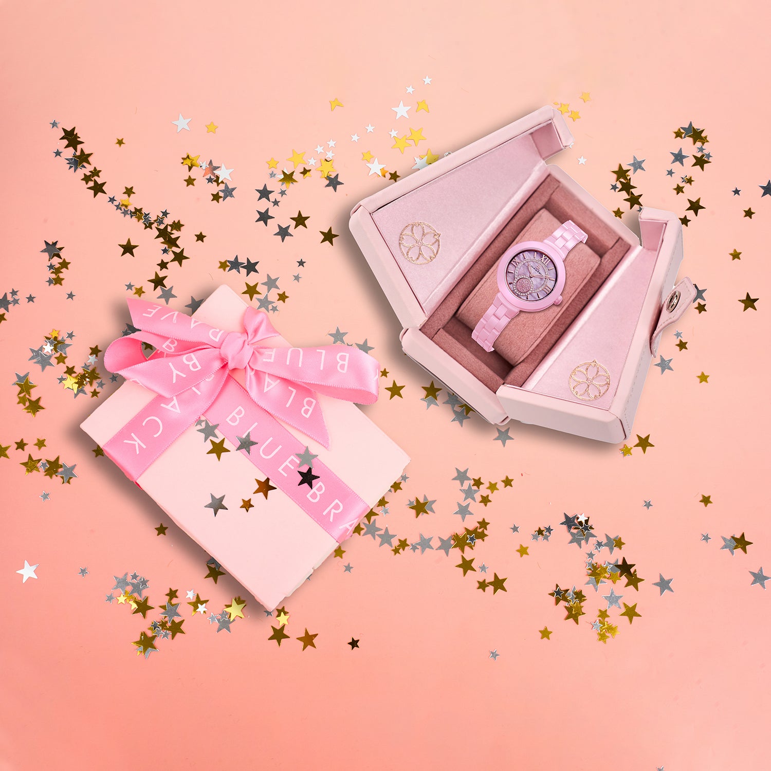 Cherry Blossom 34mm Pink Mother Of Pearl Dial Roma Numeral Ceramic Watch - 4B1231 - Gift Box - Black By Blue Brave