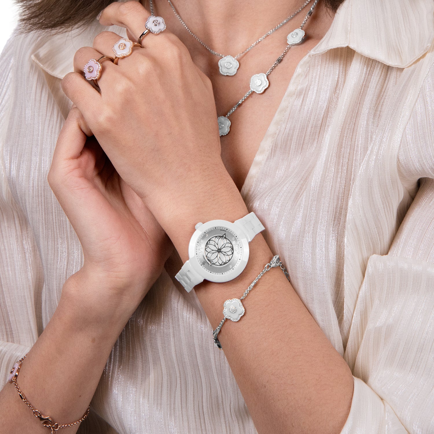 Cherry Blossom Pink Mother Of Pearl Dial Genuine Diamonds Sakura Petal Hand Leather Strap Watch - 4B1236 - wrist - Black By Blue Brave
