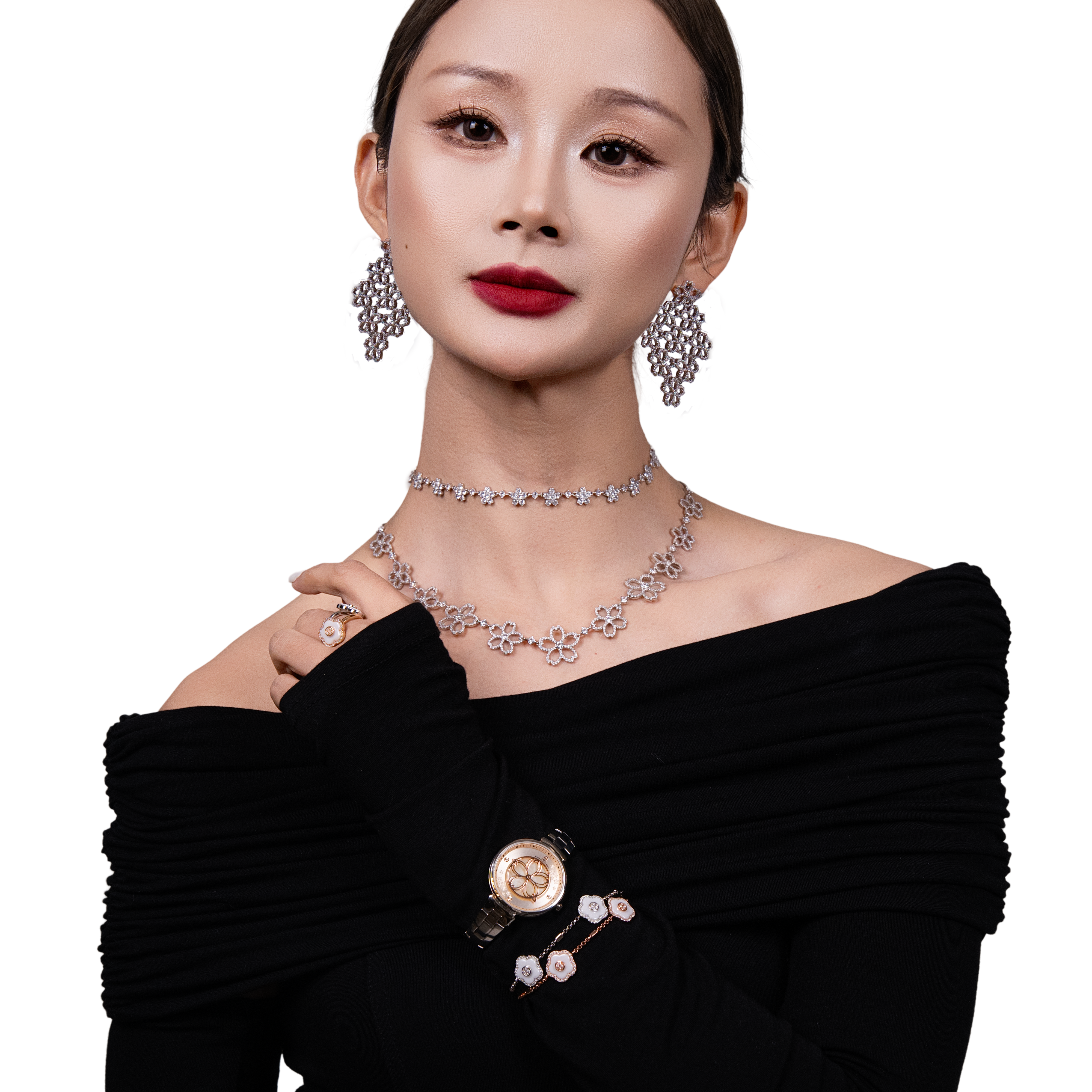 Cherry Blossom Cascade 11-Flower Sakura Zirconia Silver Necklace (Platinum Plated) - BLACK BY BLUE BRAVE
