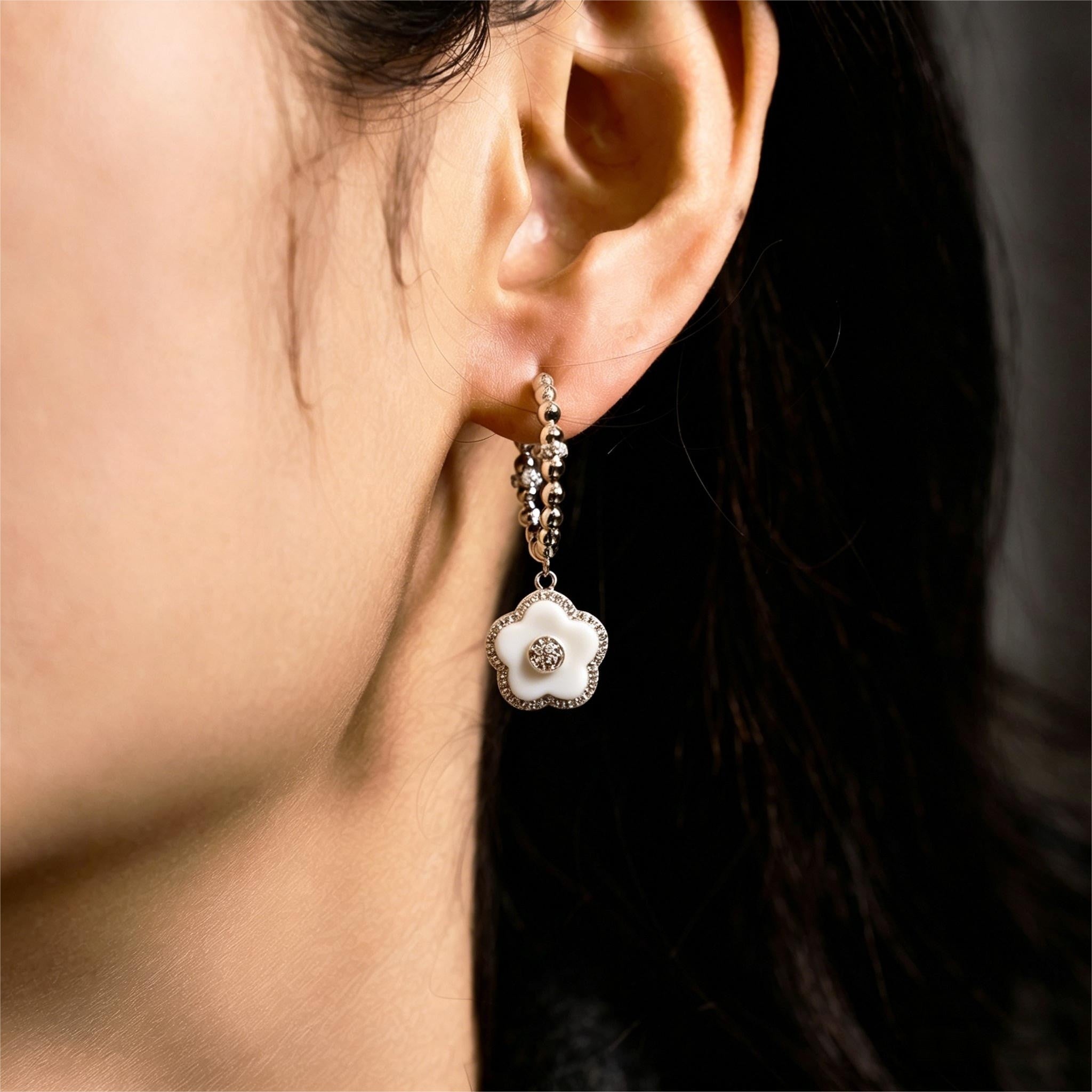 Cherry Blossom Ceramic White Ceramic Flowers Silver Earrings Silver Platinum Plated - 4B4319 - wear  - Black By Blue Brave
