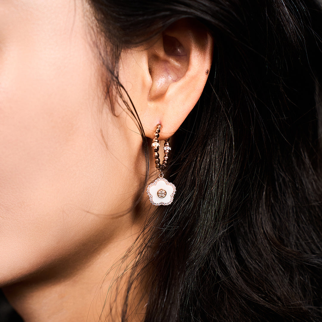 Cherry Blossom Ceramic White Ceramic Flowers Rosegold Earrings 18K Rose Gold Plated - 4B4320 - wear  - Black By Blue Brave
