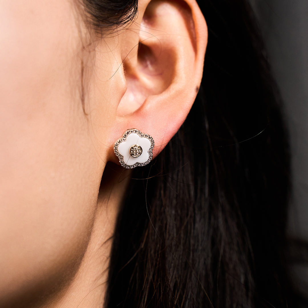 Cherry Blossom Ceramic White Ceramic Flowers Silver Stud Earrings Silver Platinum Plated - 4B4323 - wear  - Black By Blue Brave

