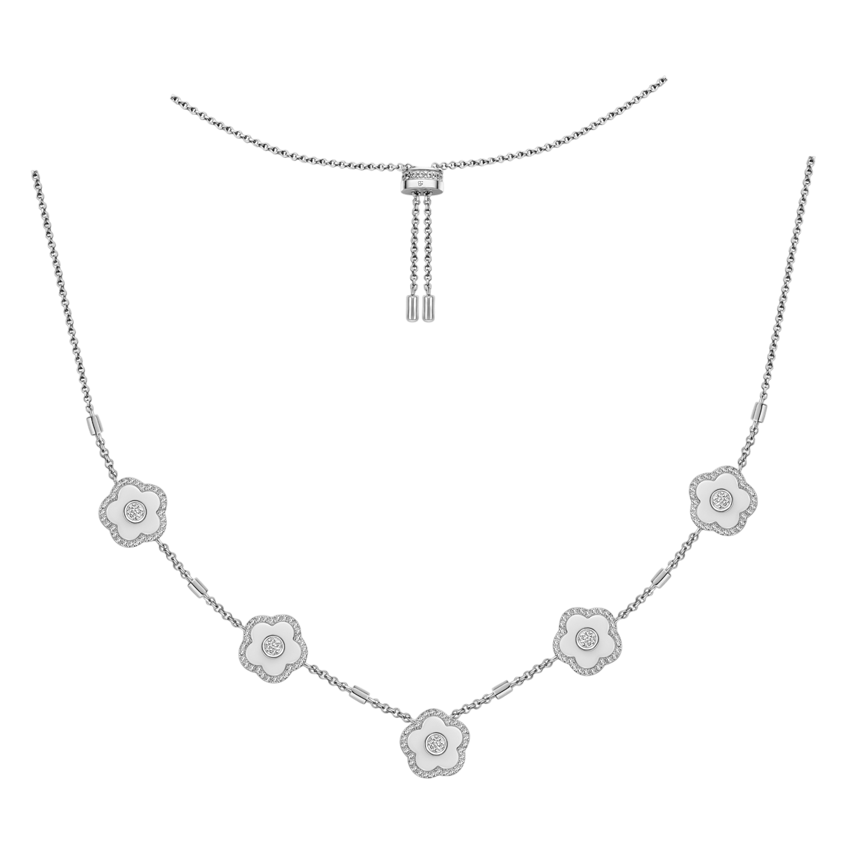 Cherry Blossom Ceramic Five White Ceramic Flowers Silver Adjustable Necklace Silver Platinum Plated - 4B4315 - front - Black By Blue Brave
