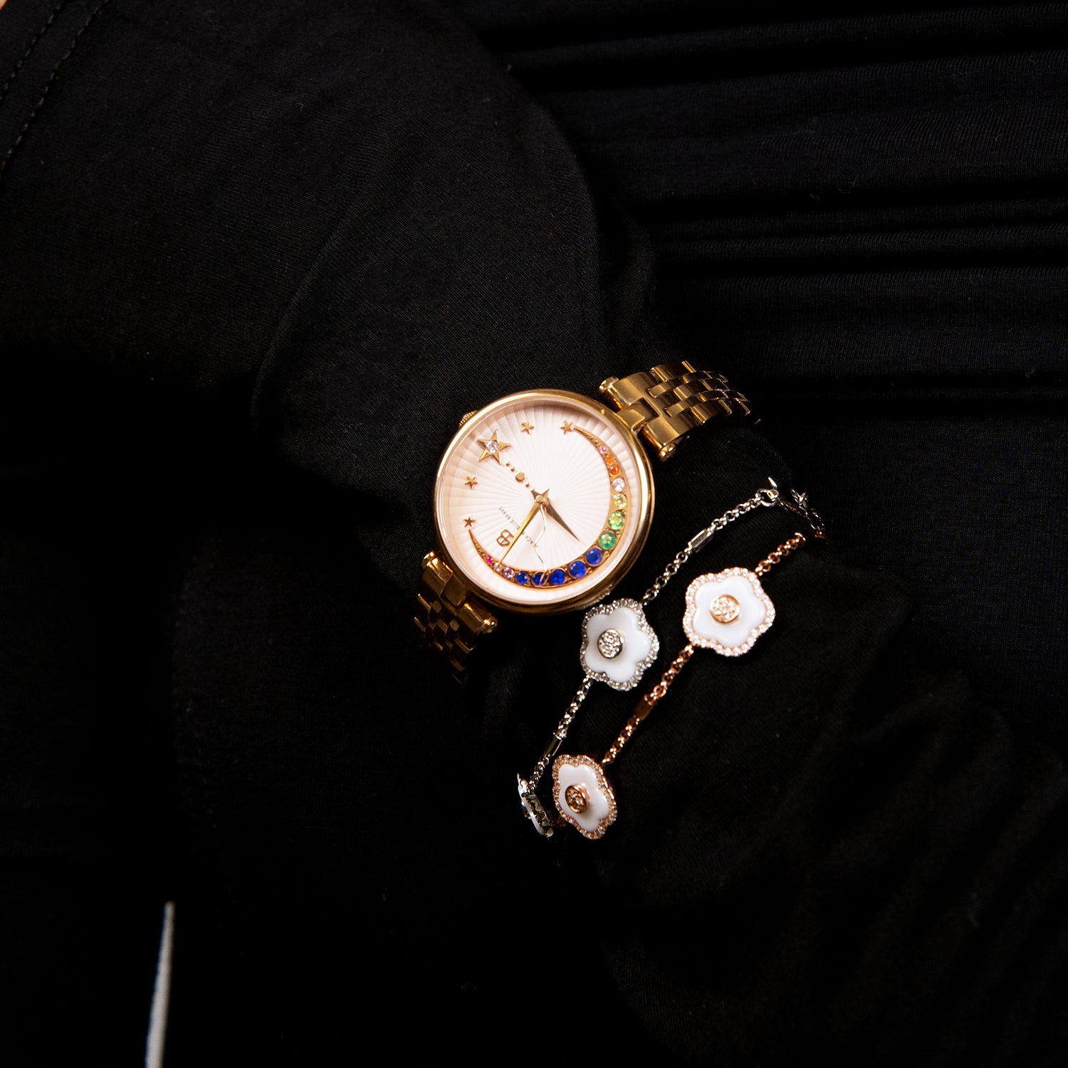 Crescent Moon 32mm Pink Dial Rainbow Cubic Zirconia Rose Gold Bracelet Watch - 4B11128 - wrist - Black By Blue Brave