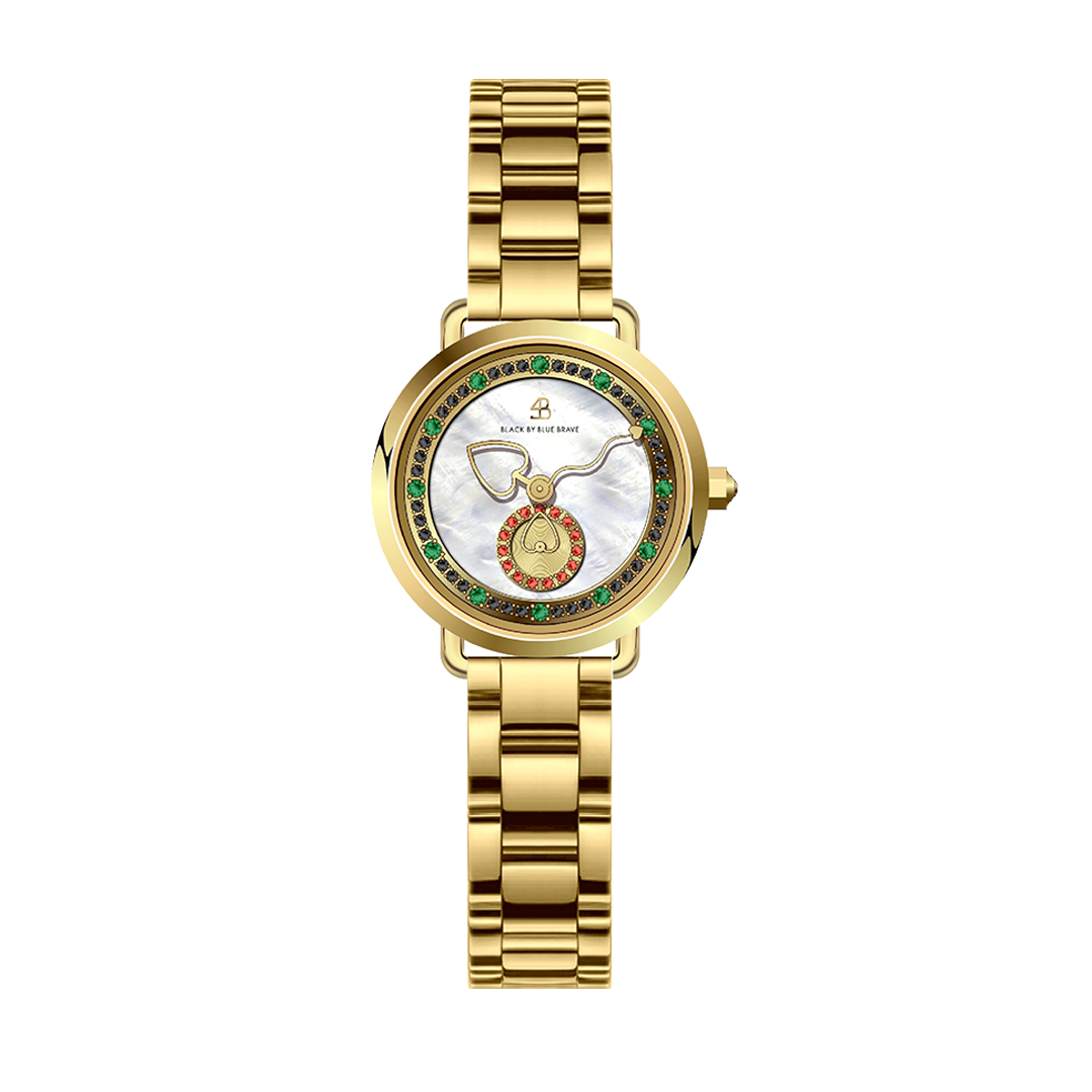 Cupid 28mm White Mother Of Pearl Dial Heart Shaped Hands Gold Bracelet Watch - 4B1190 - front - Black By Blue Brave