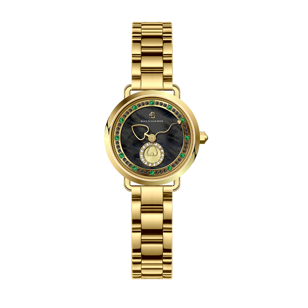 Cupid 28mm Black Mother Of Pearl Dial Heart Shaped Hands Gold Bracelet Watch - 4B1191 - front - Black By Blue Brave