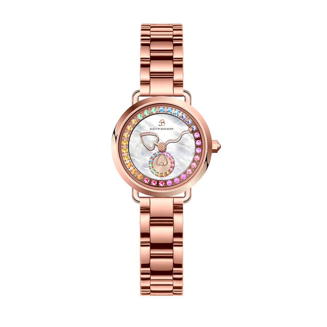 Cupid 28mm White Mother Of Pearl Dial Heart Shaped Hands Rose Gold Bracelet Watch - 4B1192 - front - Black By Blue Brave