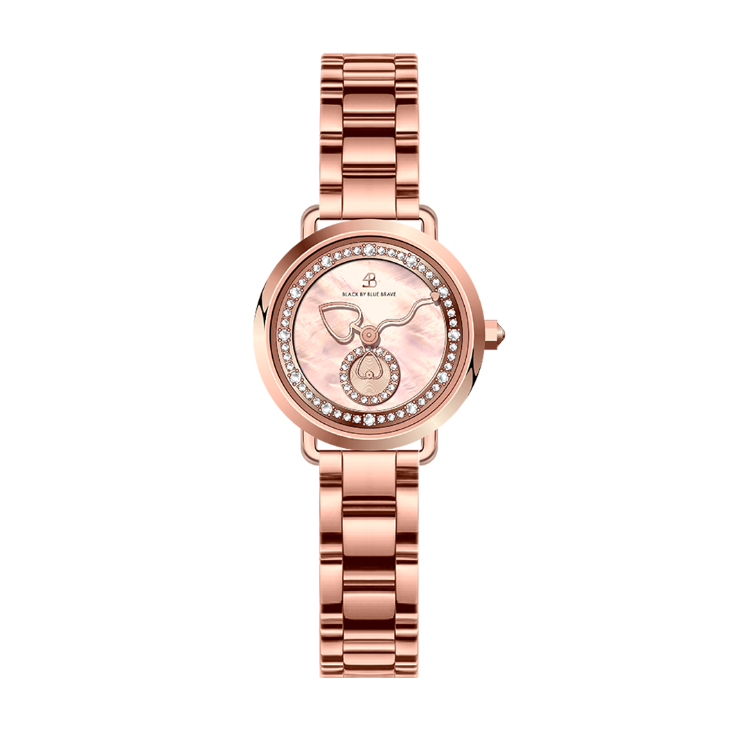 Cupid 28mm Pink Mother Of Pearl Dial Heart Shaped Hands Rose Gold Bracelet Watch - 4B1193 - front - Black By Blue Brave