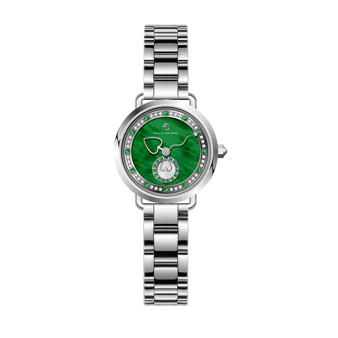 Cupid 28mm Green Mother Of Pearl Dial Heart Shaped Hands Silver Bracelet Watch - 4B1294 - front - Black By Blue Brave