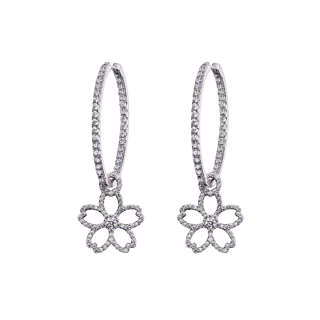 Cherry Blossom Cascade 20mm Sakura Flower Zirconia Silver Earrings (Platinum Plated) - BLACK BY BLUE BRAVE