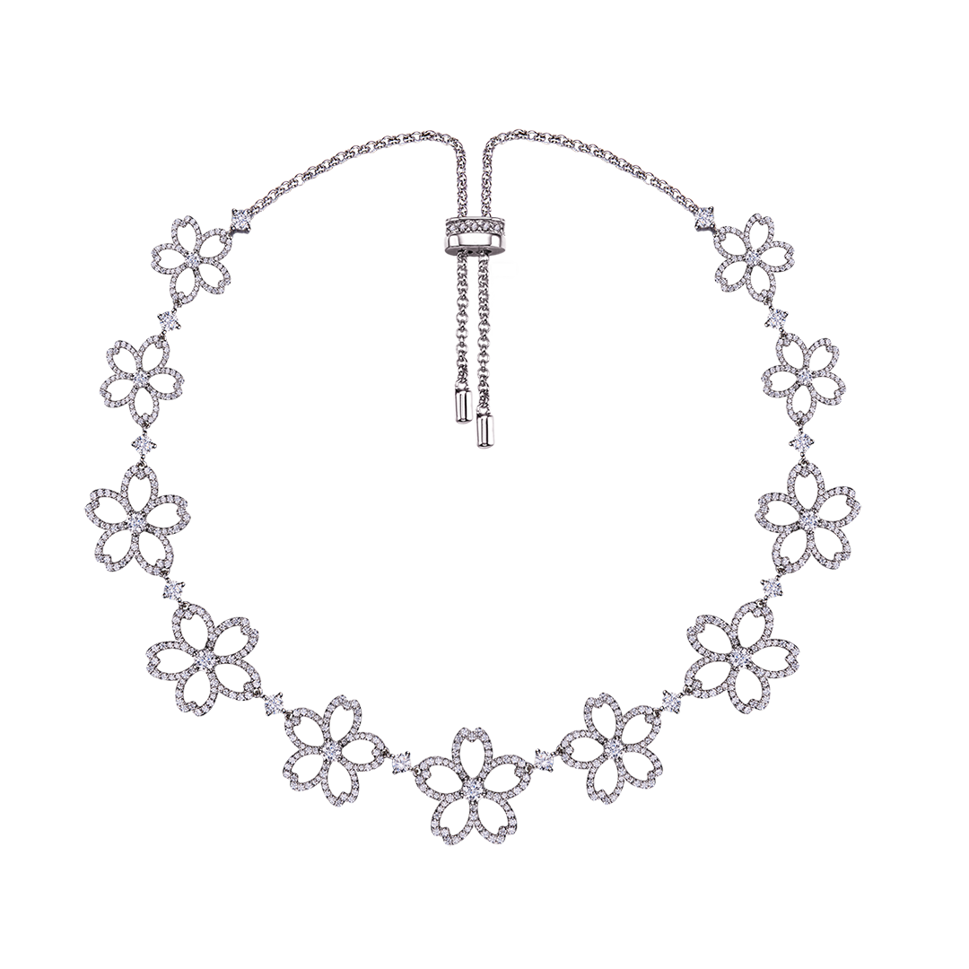 Cherry Blossom Cascade 11-Flower Sakura Zirconia Silver Necklace (Platinum Plated) - BLACK BY BLUE BRAVE
