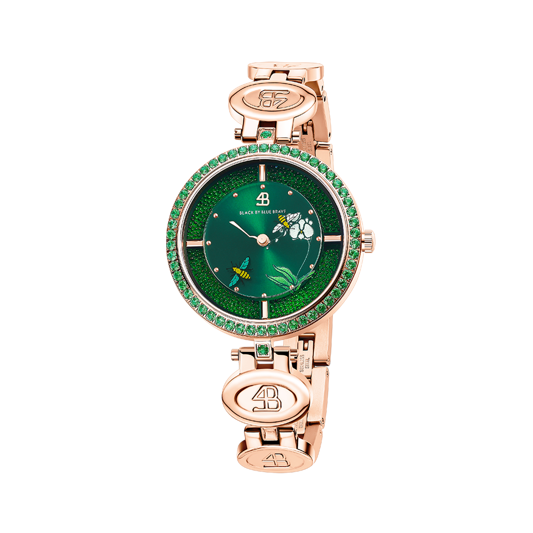 Honey Bee 34mm Green Dial Moving Bees Rose Gold Bracelet Watch - 4B1290 - front - Black By Blue Brave