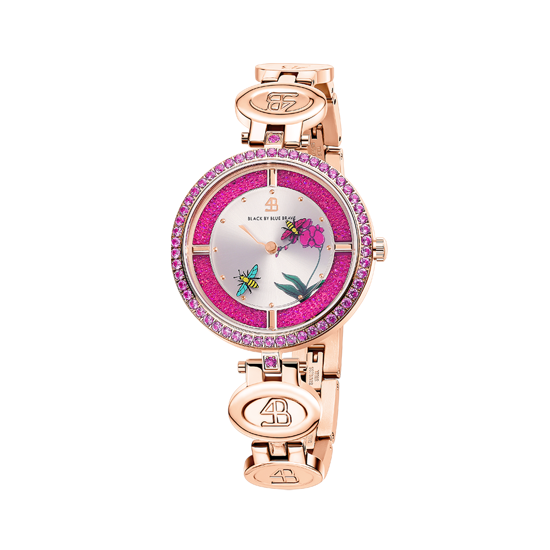 Honey Bee 34mm Ruby Red Dial Moving Bees Rose Gold Bracelet Watch - 4B1292 - front - Black By Blue Brave
