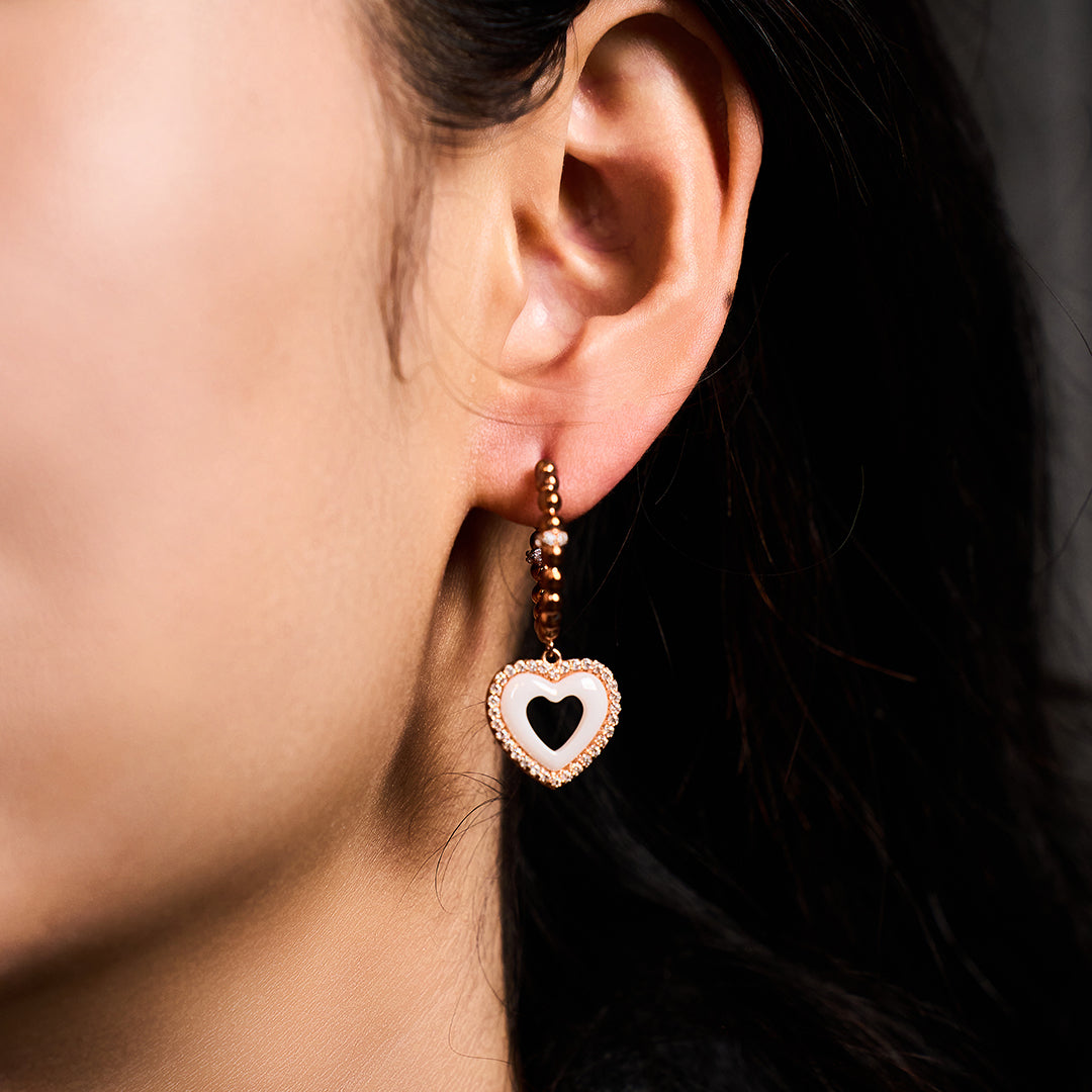 Love Heart White Ceramic Earrings 18K Rose Gold Plated 20mm - 4B4333 - wear  - Black By Blue Brave
