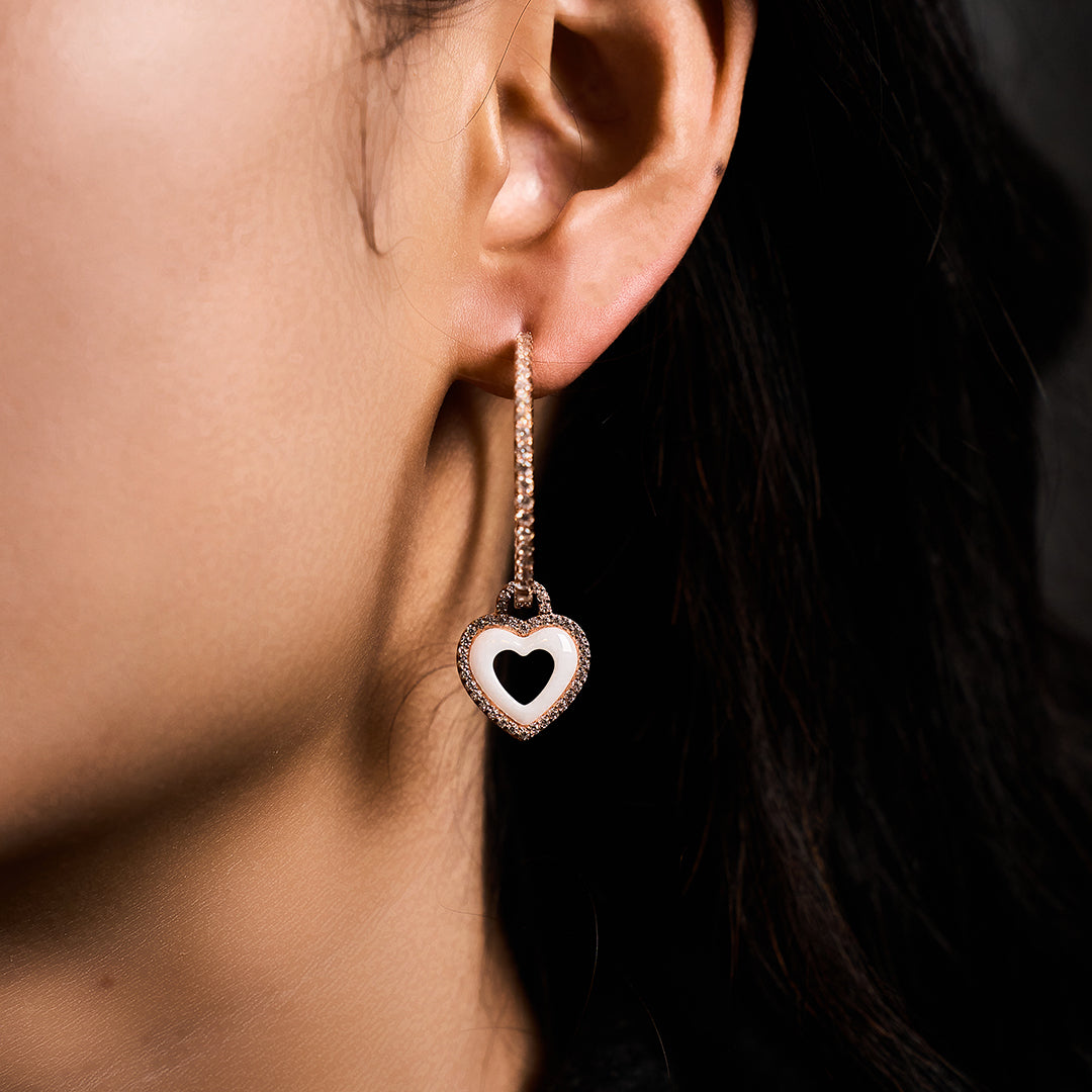 Love Heart White Ceramic Earrings 18K Rose Gold Plated 35mm - 4B4334 - wear  - Black By Blue Brave
