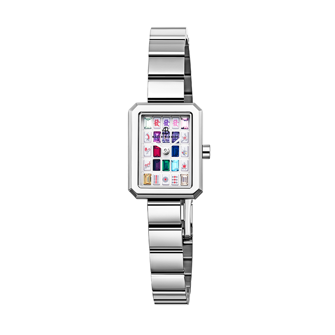 Mahjong 20*26mm Rainbow Crystal Dial Silver Bracelet Watch - 4B1310 - front - Black By Blue Brave