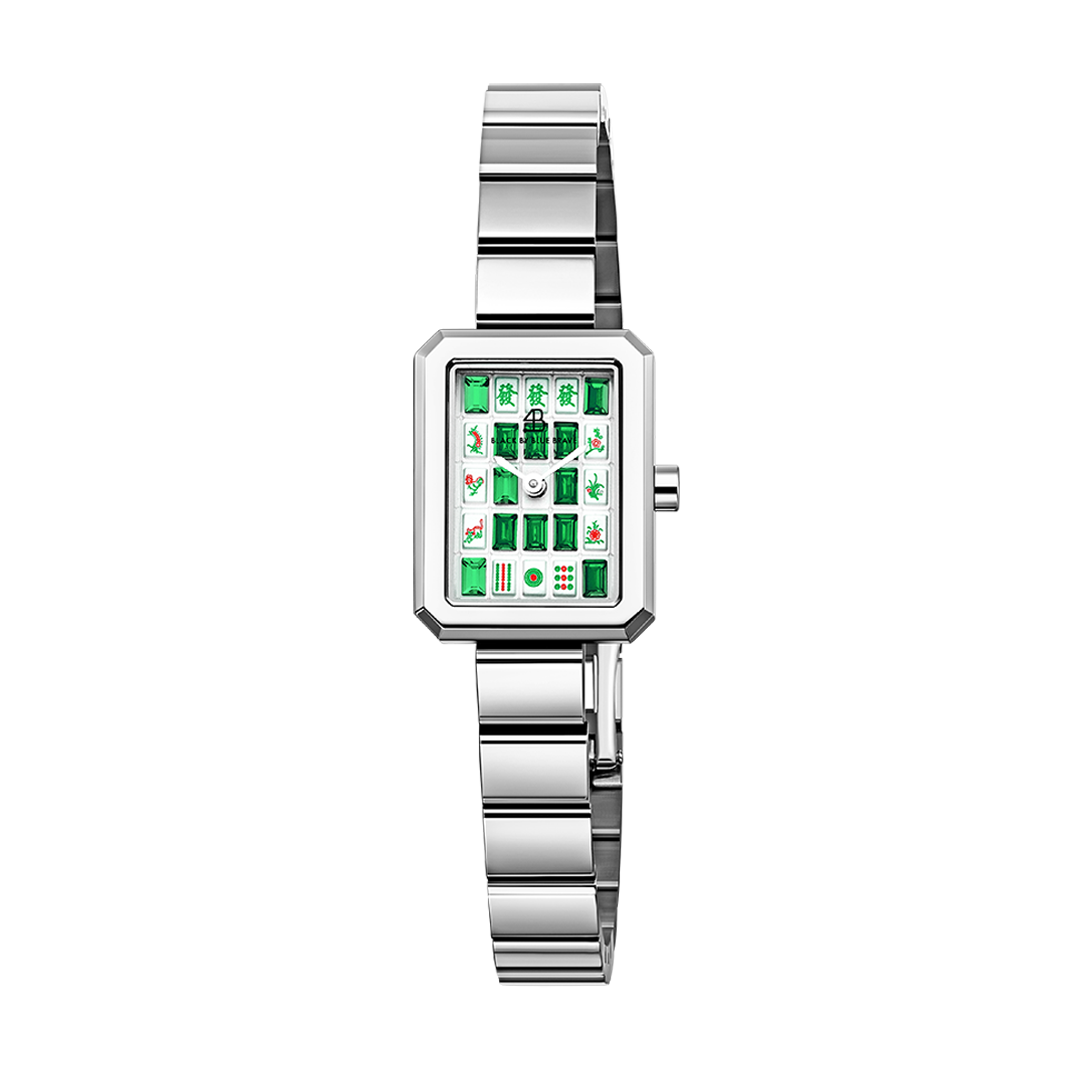 Mahjong 20*26mm Green Crystal Dial Silver Bracelet Watch - 4B1311 - front - Black By Blue Brave